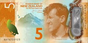 На аверсе пяти долларов Новой Зеландии изображен Сэр Эдмунд Персиваль Хиллари (Sir Edmund Percival Hillary) новозеландский исследователь и альпинист. Один из двоих людей — первовосходителей на Эверест, вместе с шерпом Тенцинг Норгей.