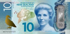 На 10 новозеландских долларах на аверсе изображена Кейт Шепард (Kate Sheppard), лидер новозеландского движения за право голоса женщин на выборах (суфражистка).