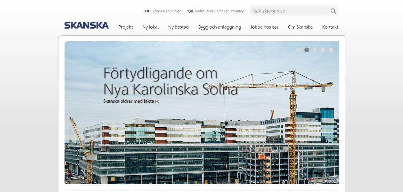 Скриншот главной страницы сайта Skanska (первый экран)